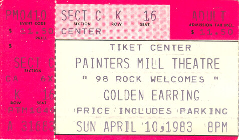 Golden Earring show ticket April 10 1983 Owing's Mill - Painters Mill